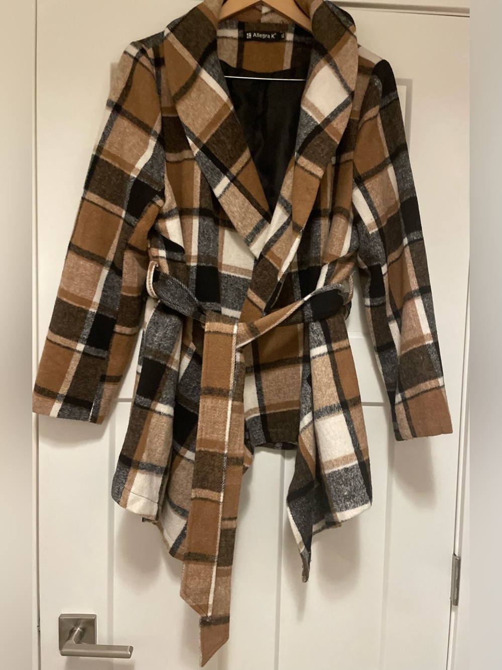 Allegra K Brown Black Cream Plaid Wrap Coat